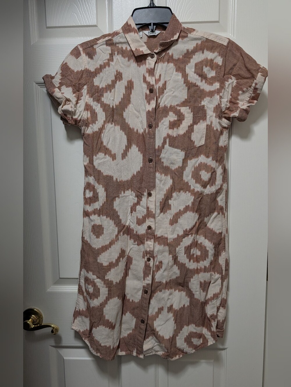 Bridge & Burn Loren Leaf Print Shirt Dress Cobalt Size Small Pop Leaf Ikat Brown